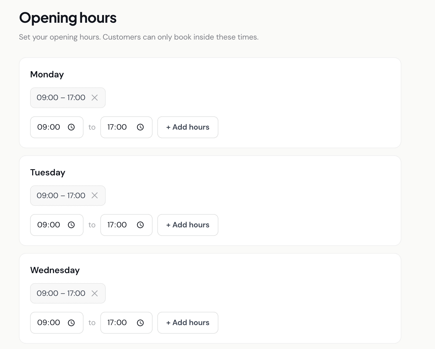 Krubly opening hours availability editor by day of week