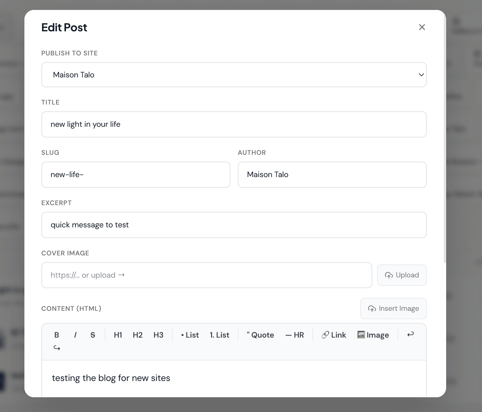 Krubly blog post editor with rich text formatting toolbar