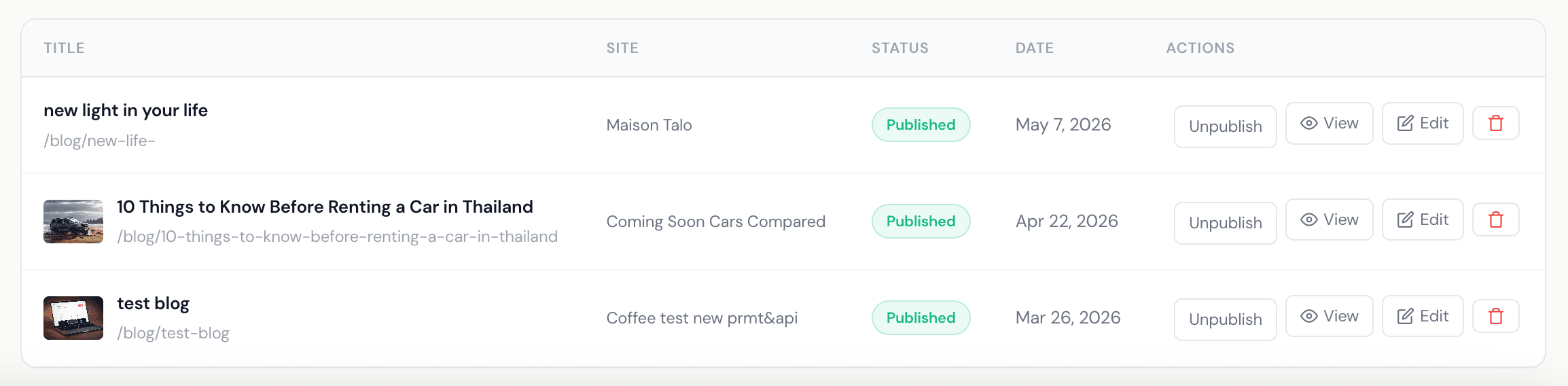 Krubly blog posts list with published status and actions