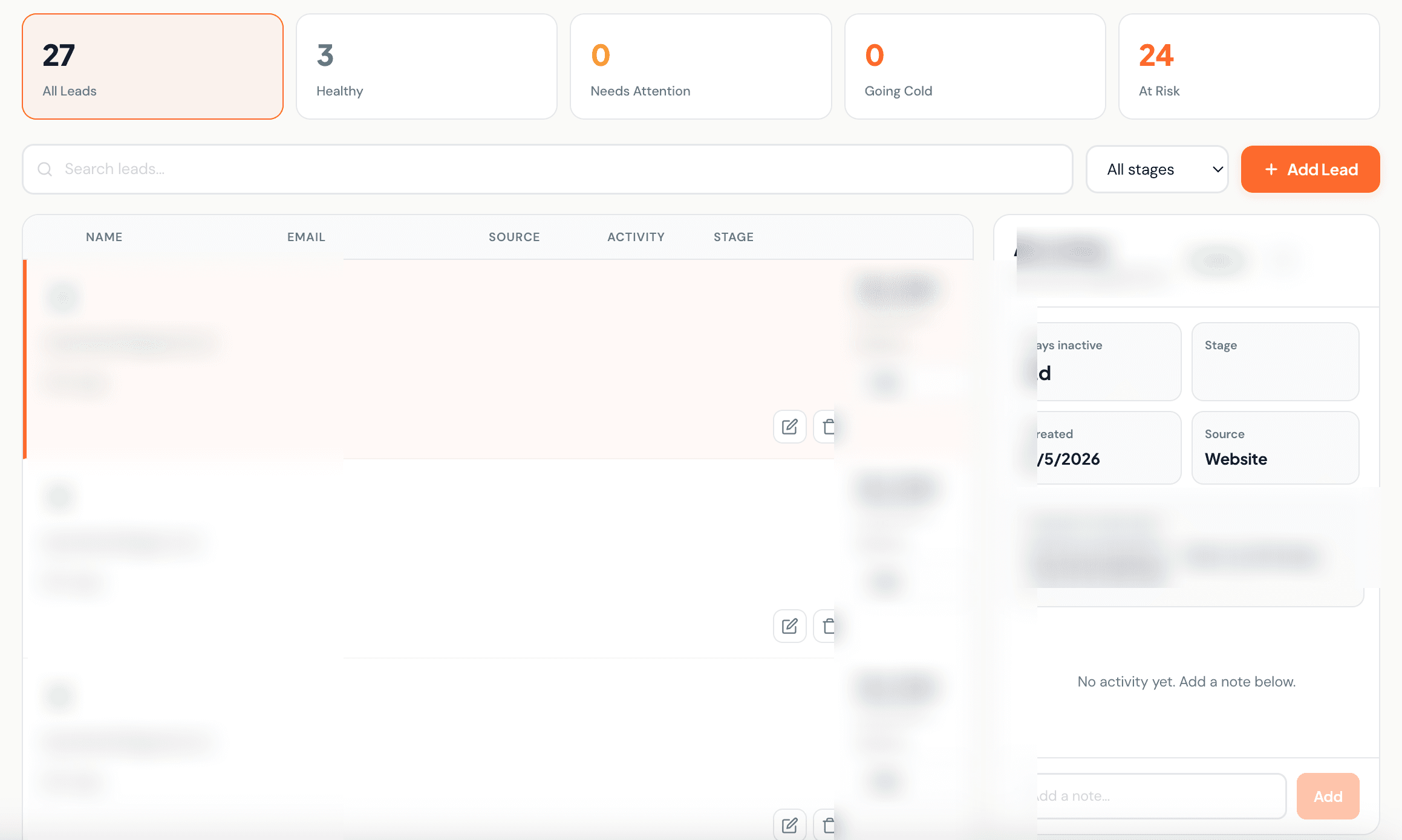 Krubly CRM lead health scoring — Healthy, Needs Attention, At Risk dashboard