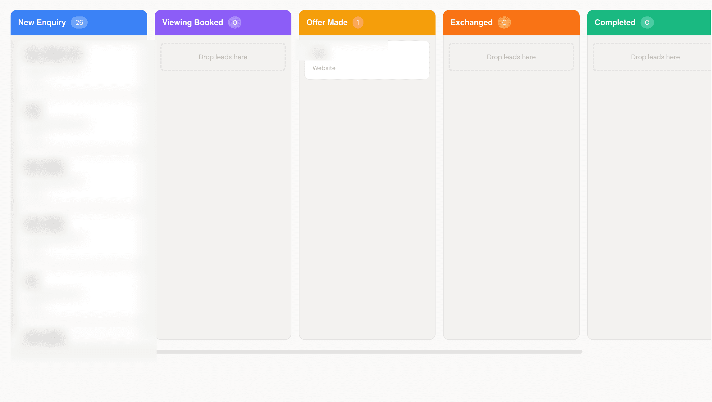Krubly CRM drag and drop pipeline board with colour coded stages