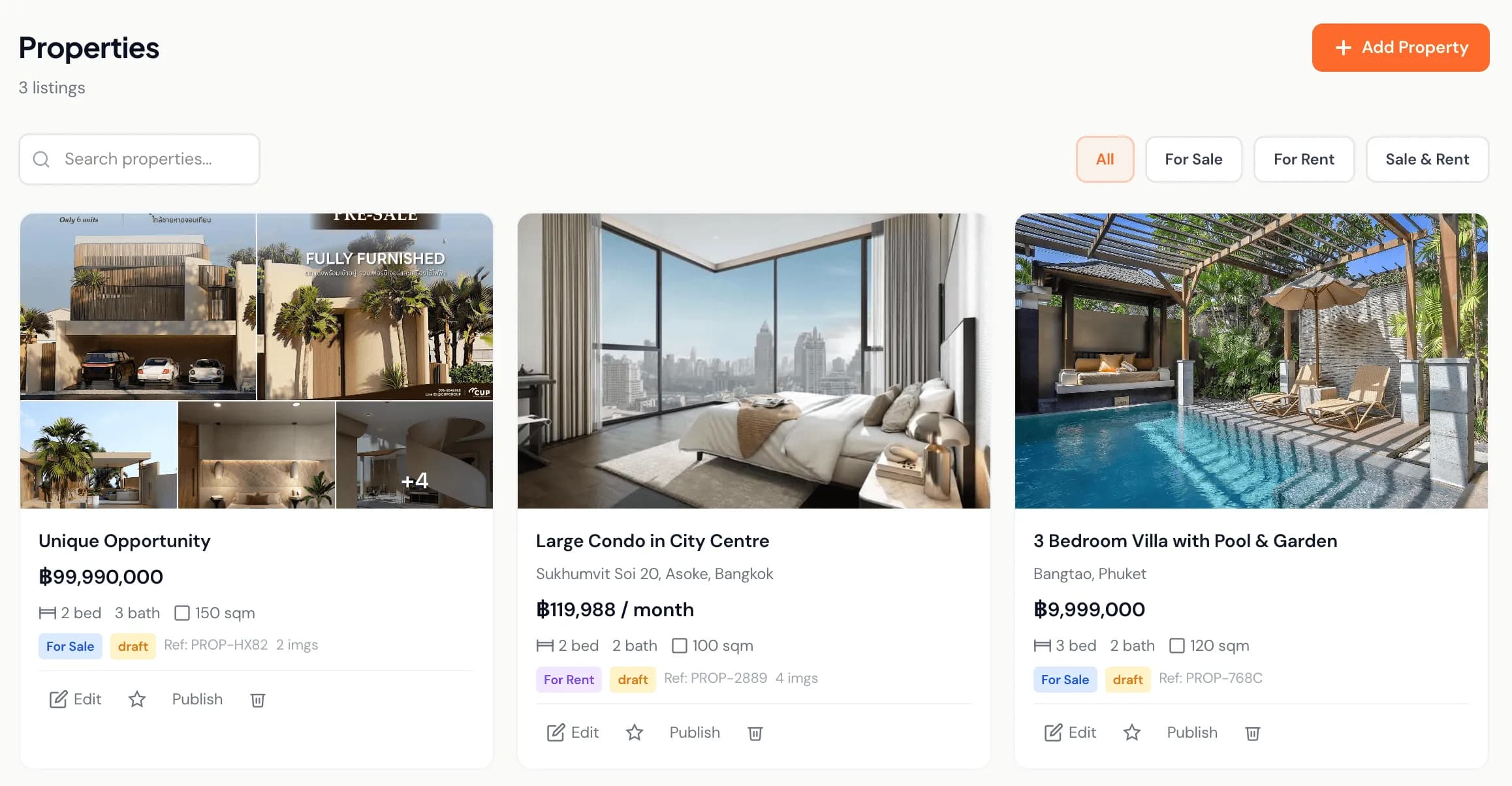 Krubly property listings dashboard with for sale and for rent filters