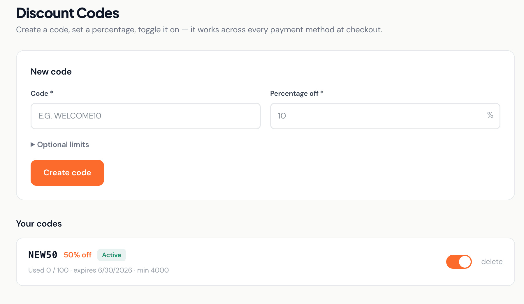 Krubly discount code creator with percentage off and usage limits